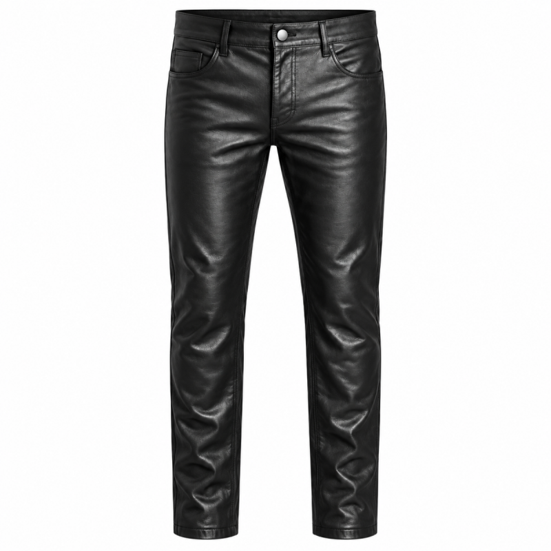Men's black cowhide leather pants with five-pocket styling and classic straight-leg fit