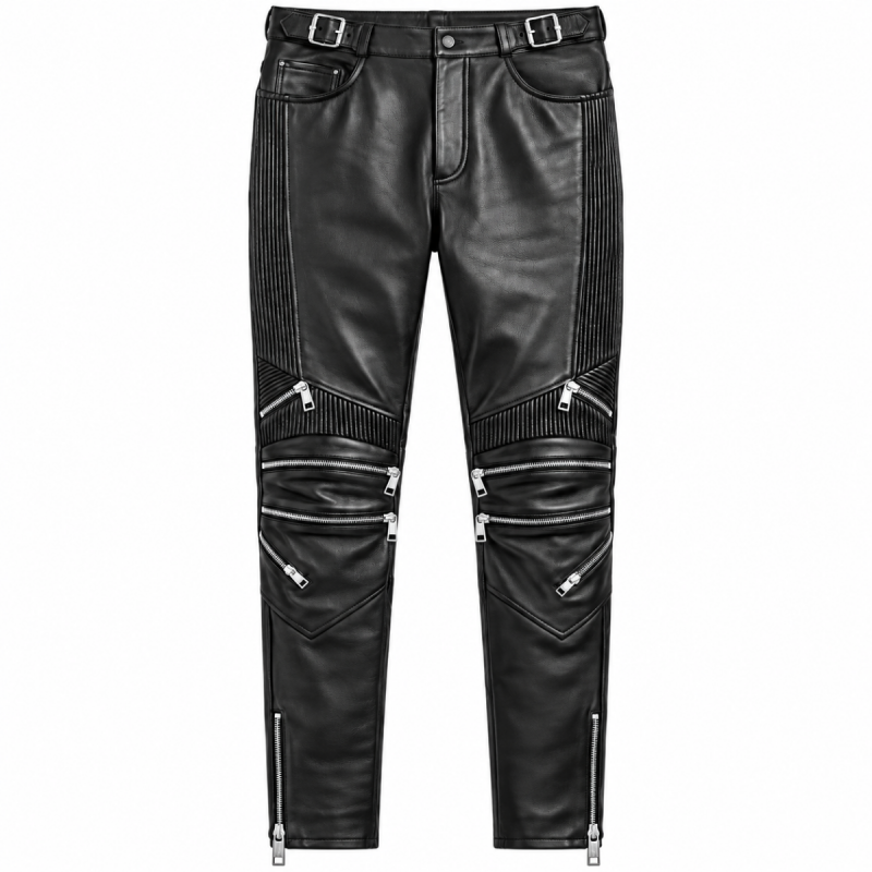 Men's black leather biker pants with multiple zipper details and ribbed knee panels