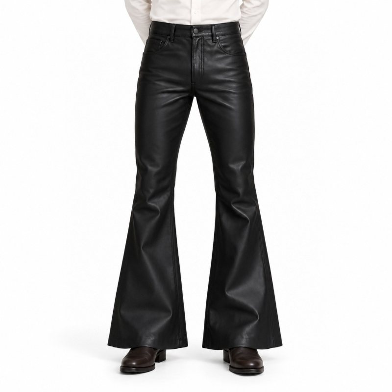 Men's Black Flared Leather Pants - front view