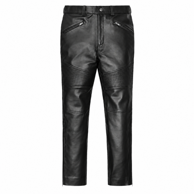 Men's black leather biker pants with ribbed thigh panels and zipper pockets