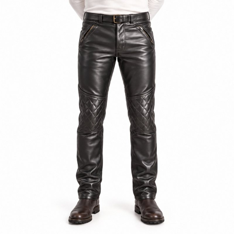 Men's Black Leather Biker Pants with Diamond-Quilted Knees - front view