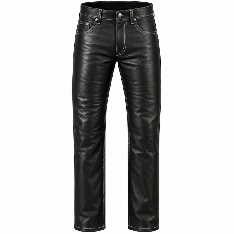 Men's black leather pants with white contrast stitching and straight-leg design – front view