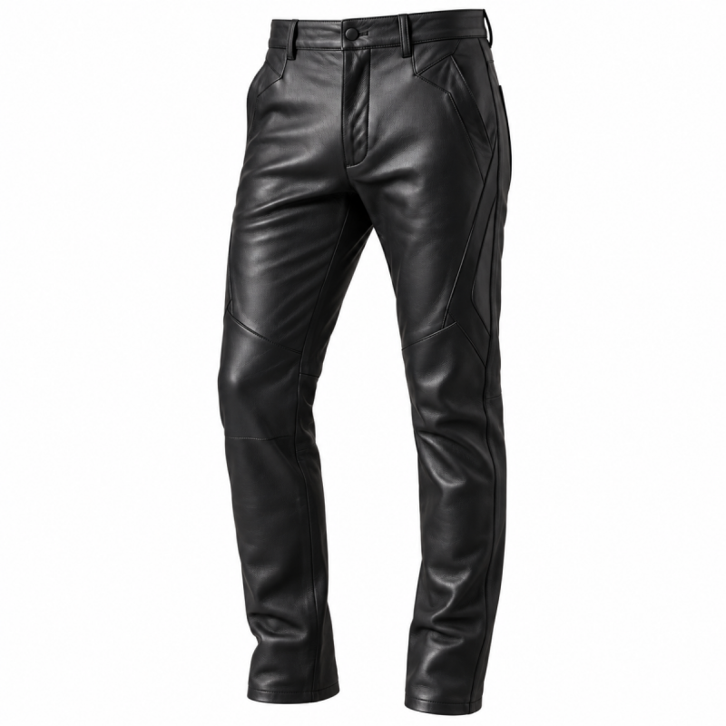 Men's black leather pants with geometric stitched thigh and knee panels, angled pockets and straight-leg fit