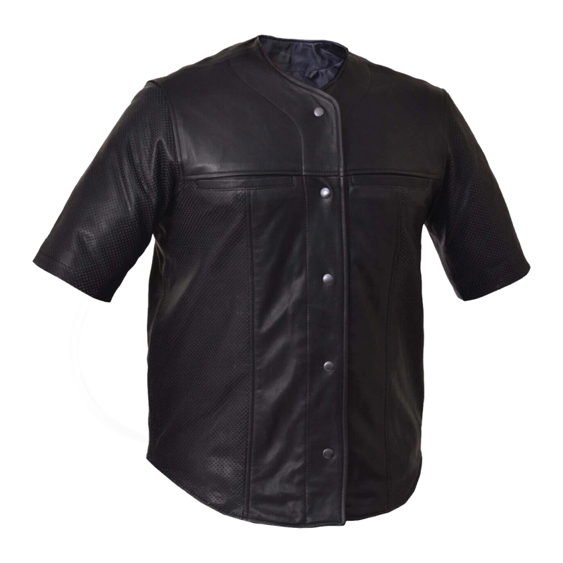 Men's Black Perforated Half Sleeve Lambskin Shirt - View 1