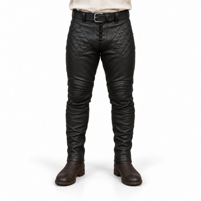 Men's Black Quilted Medieval Leather Pants - front view