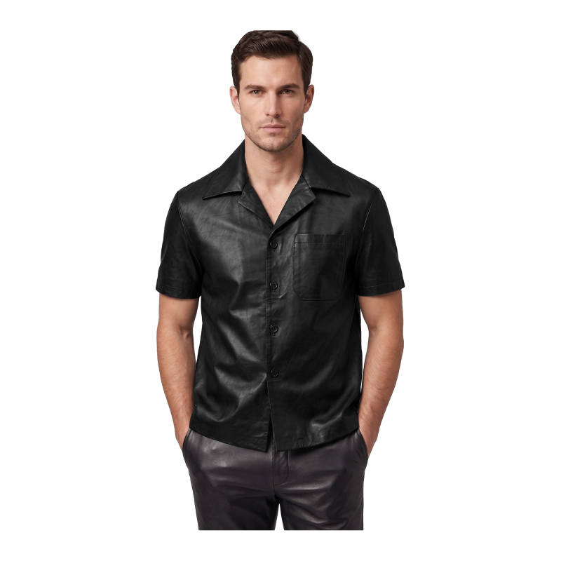 Men's Black Short Sleeve Camp Collar Leather Shirt - View 1