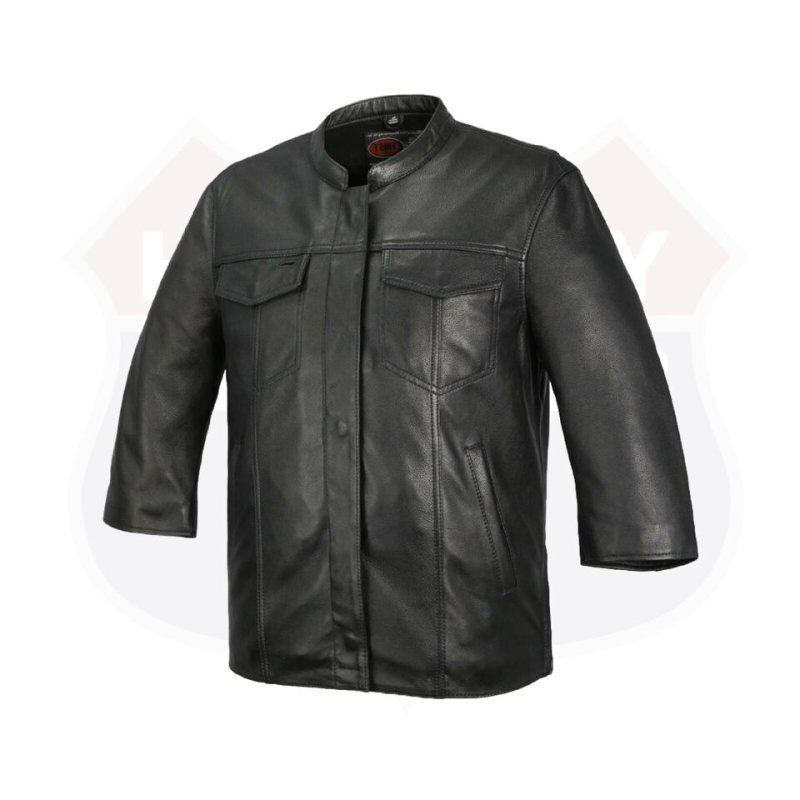 Men's Black Three Quarter Sleeve Sheepskin Overshirt - Front View