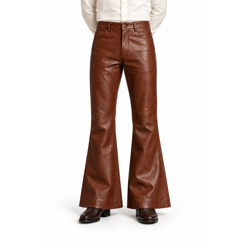 Men's Brown Flared Leather Pants - front view