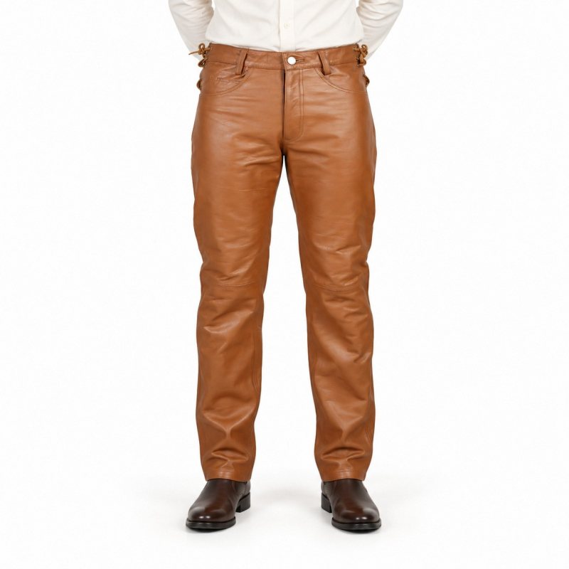 Men's Brown Leather Jeans with Waist Side Lacing - front view