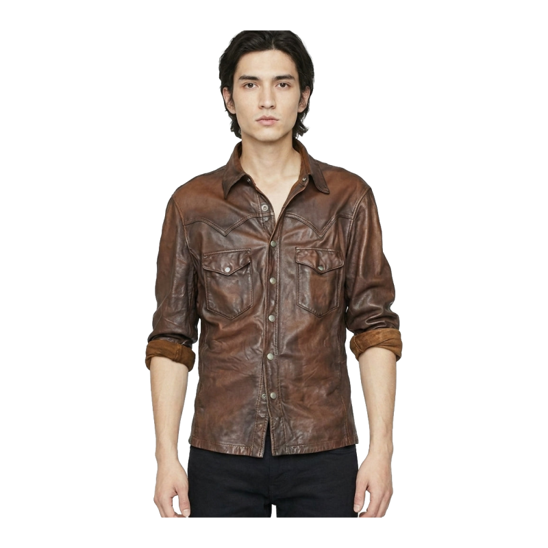 Men's Brown Leather Shirt with Chest Flap Pockets - View 1