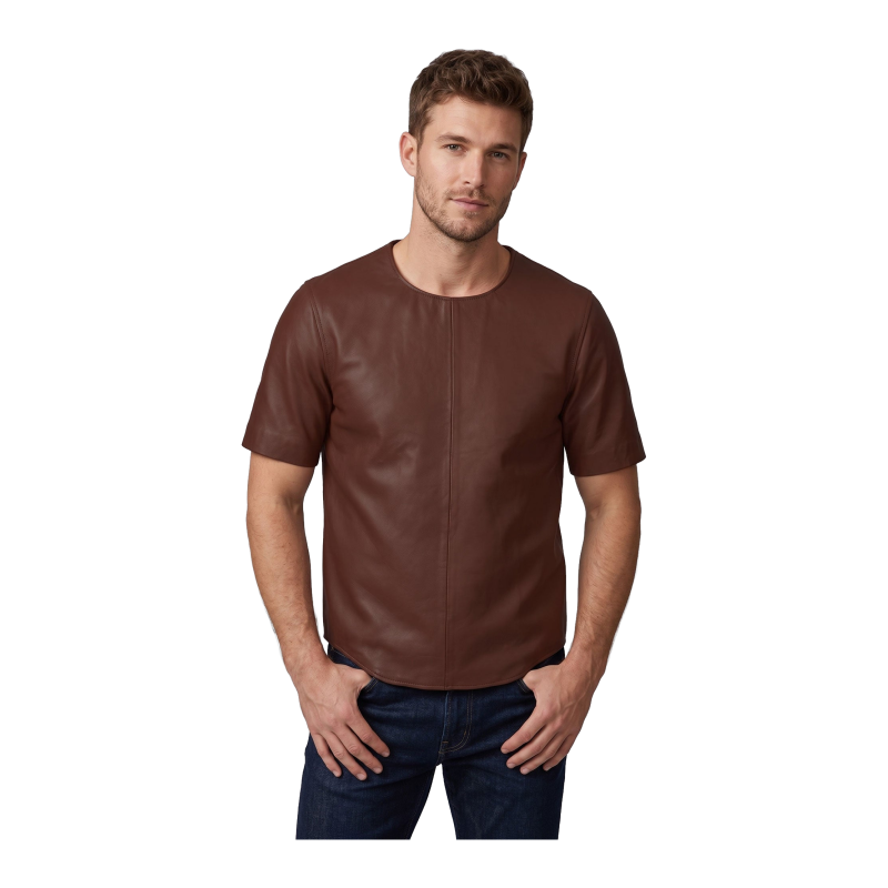 Men's Brown Sheepskin Crew Neck Leather T-Shirt - View 1