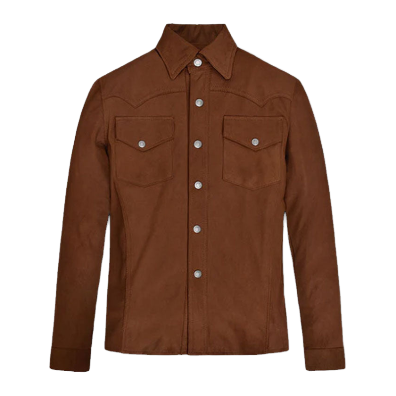 Men's Brown Unlined Western Sheepskin Leather Shirt - View 1