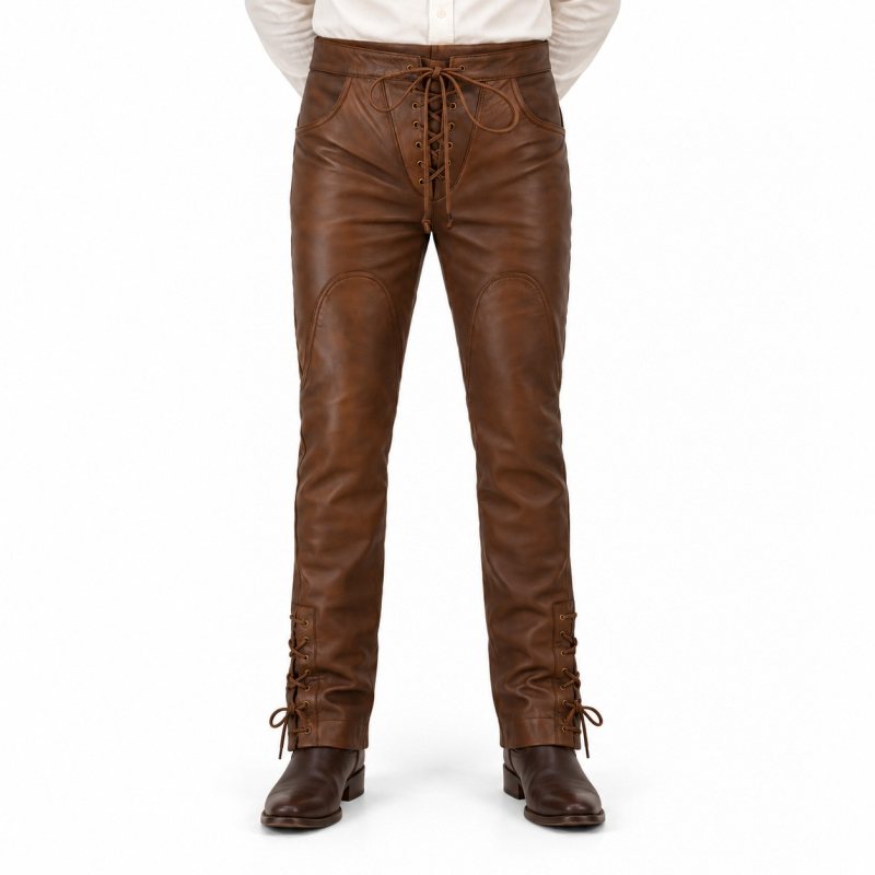 Men's brown Western lace-up leather pants - front view