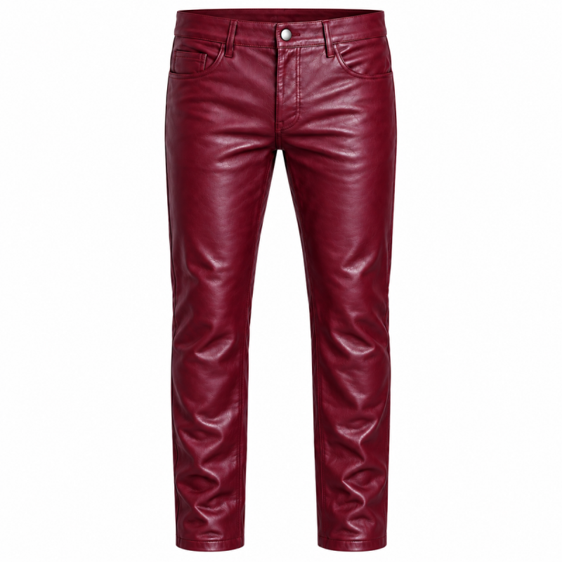 Men's burgundy cowhide leather pants with classic five-pocket styling and straight-leg fit
