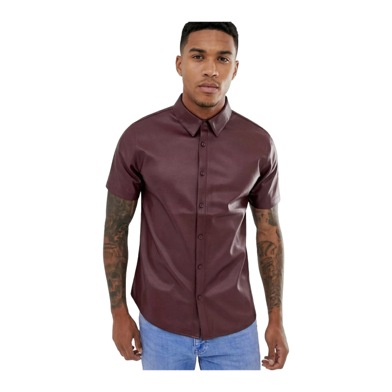 Men's Burgundy Short Sleeve Leather Shirt - View 1