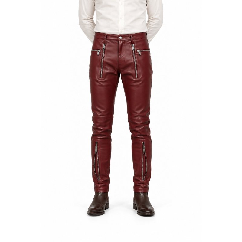 Men's Burgundy Zip-Pocket Leather Biker Pants - front view