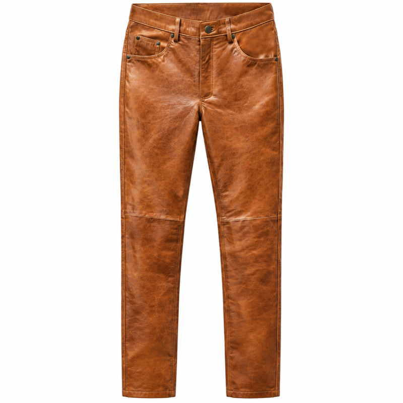 Men's Cognac Brown Leather Biker Pants – Front View with Vintage Straight Leg Design