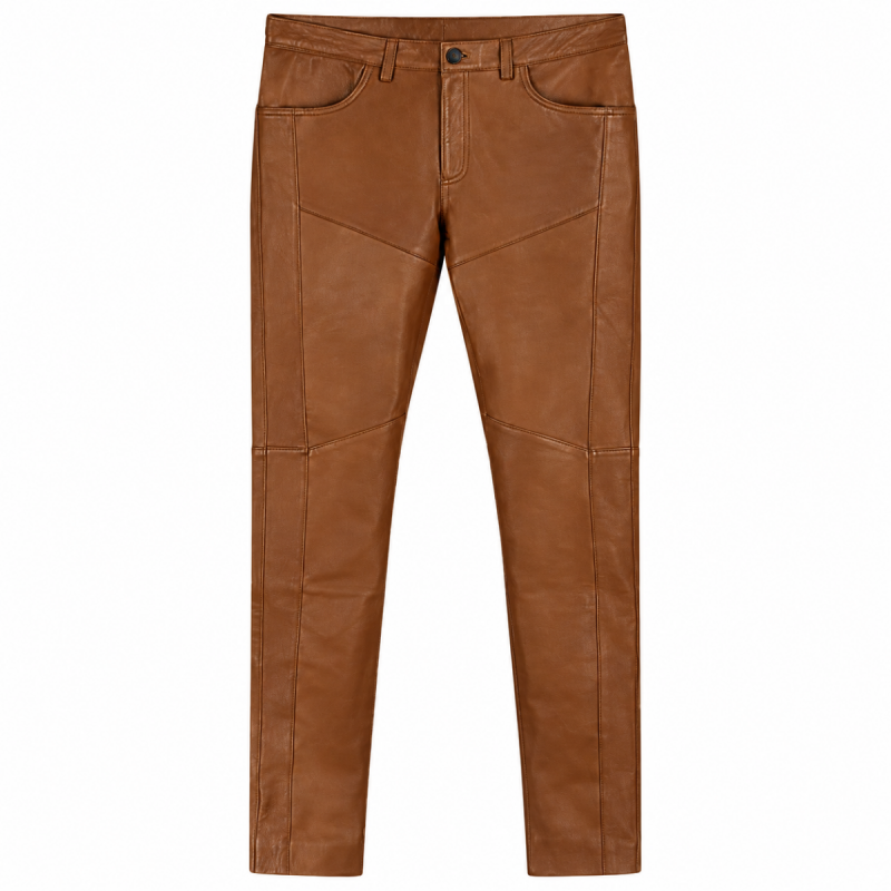 Close-up of cognac brown leather pants with button fastening, belt loops and curved front pocket