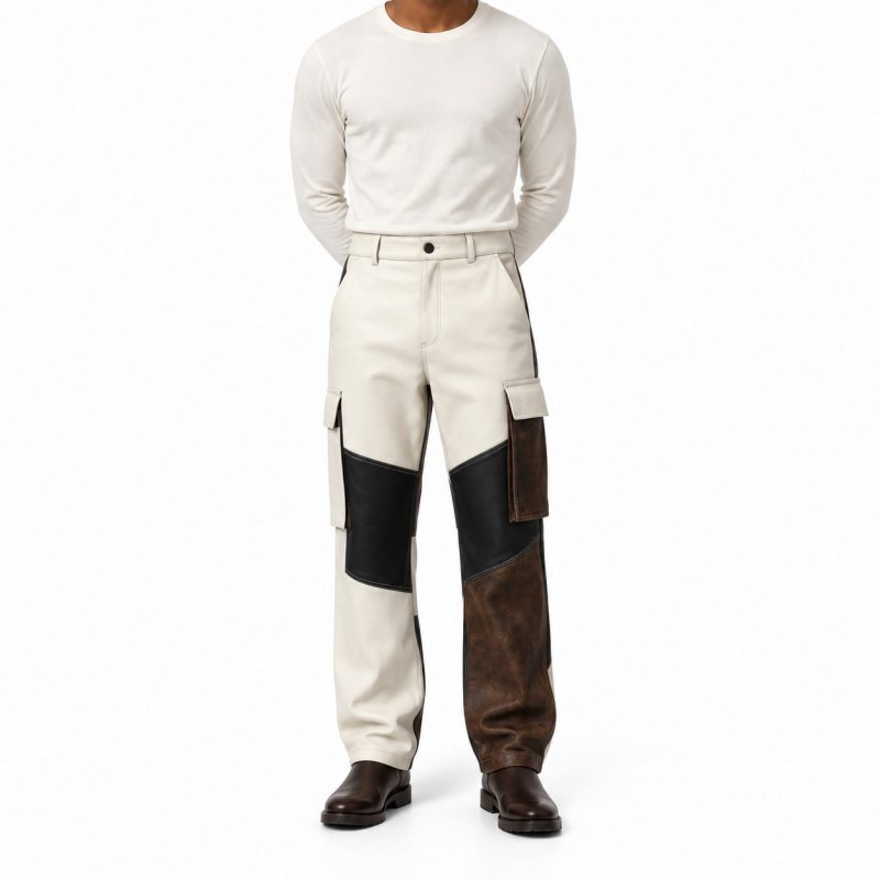 Men's Cream, Black and Brown Patchwork Leather Cargo Pants - front view