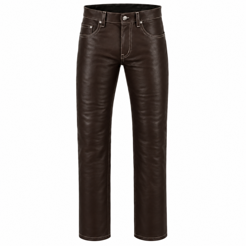 Men's dark brown leather pants featuring contrast stitching, five-pocket styling and straight-leg fit – front view