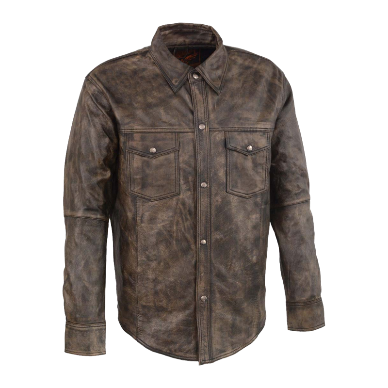 Men's Distressed Brown Cowhide Leather Shirt - View 1