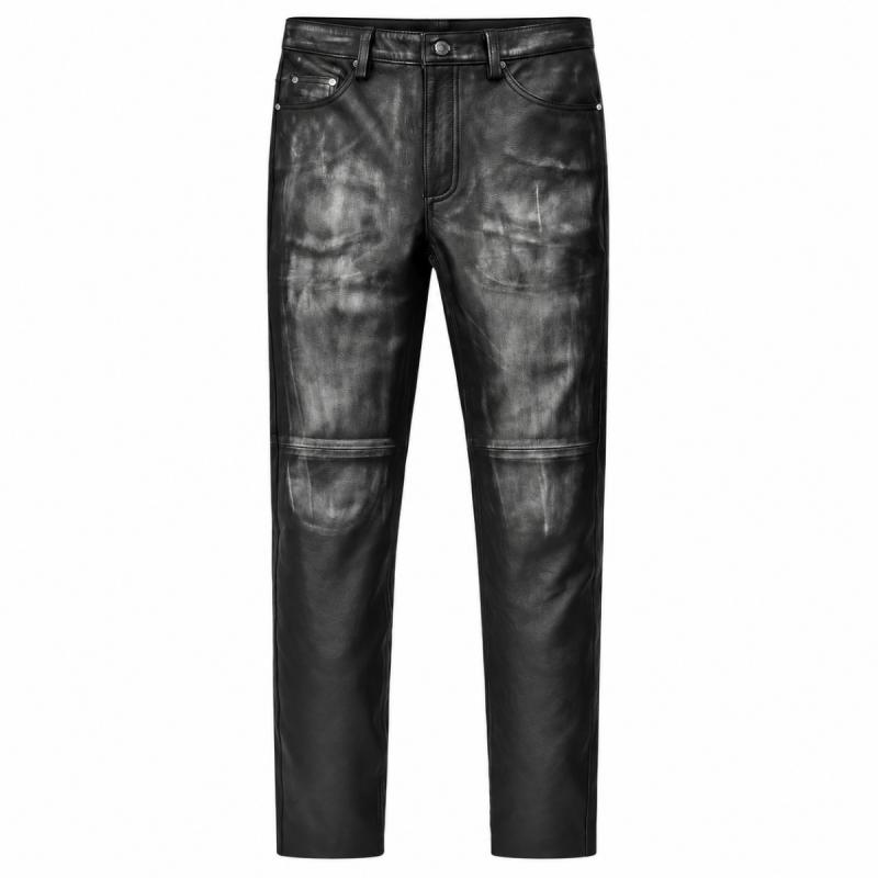 Men's vintage distressed charcoal leather jeans with faded finish and straight-leg design