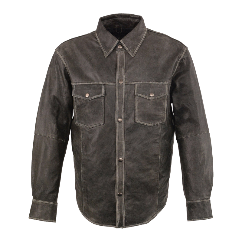 Men's Distressed Grey Cowhide Leather Shirt - View 1