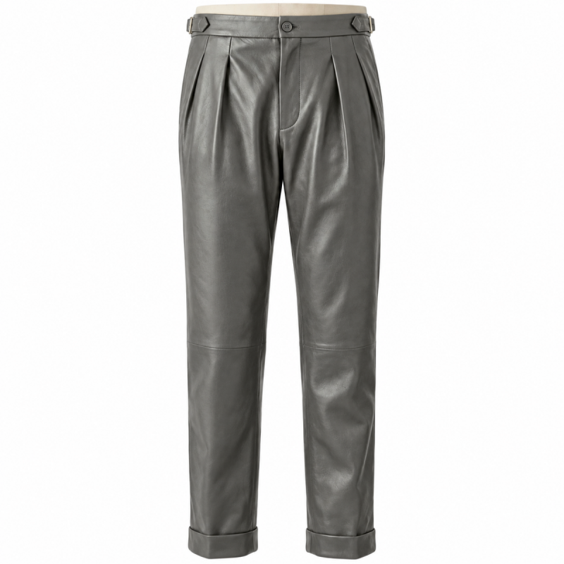 Man wearing gray Nappa leather Gurkha pants with side waist adjusters and cuffed hems