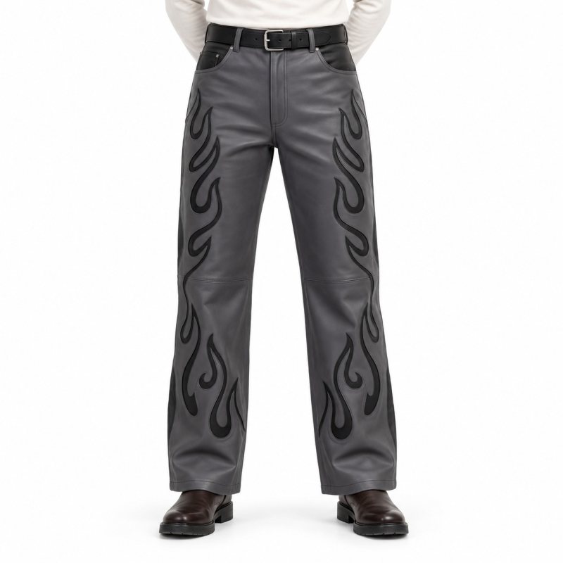 Men's Grey Flame-Panel Leather Pants - front view