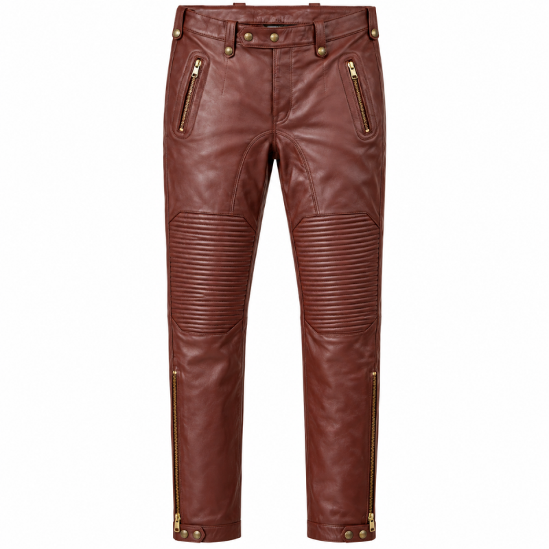 Men's maroon lambskin leather biker pants with ribbed knees and brass zipper pockets