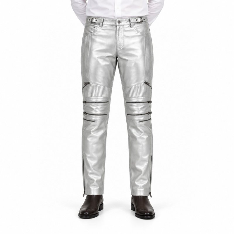 Men's Metallic Silver Multi-Zip Leather Pants - front view
