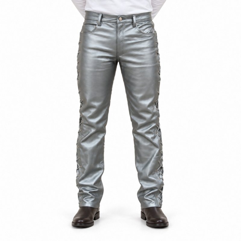 Men's Metallic Silver Side-Lace Leather Jeans - front view