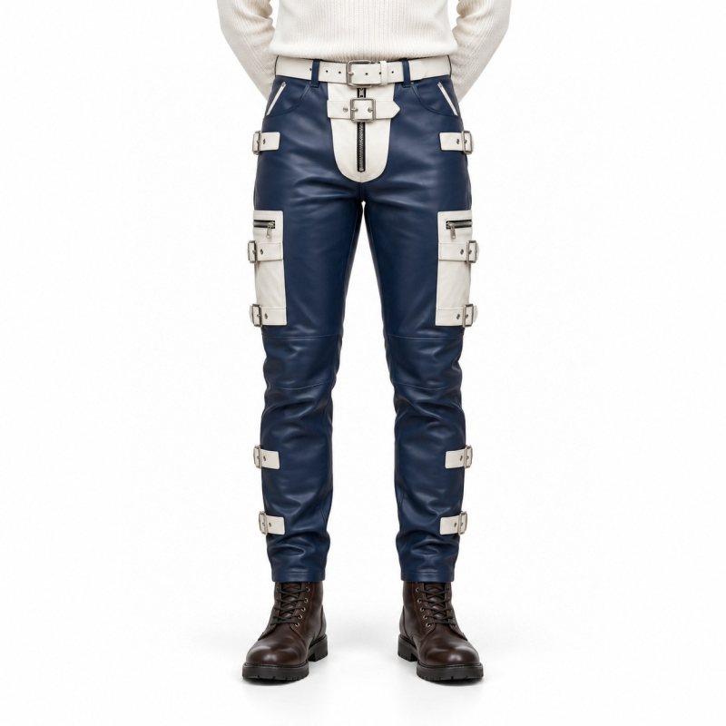 Men's Navy and White Buckle Leather Cargo Pants - front view