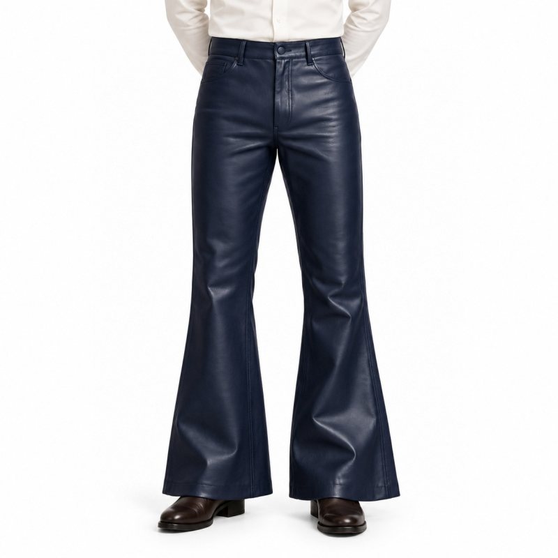 Men's Navy Blue Flared Leather Pants - front view