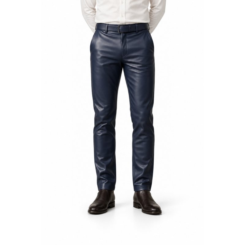 Men's Navy Blue Tailored Leather Pants - front view