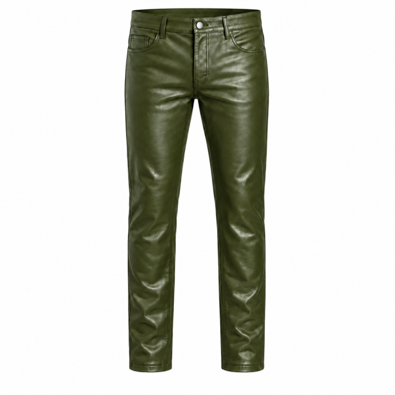 Men's olive green cowhide leather pants with button closure, belt loops and front pockets