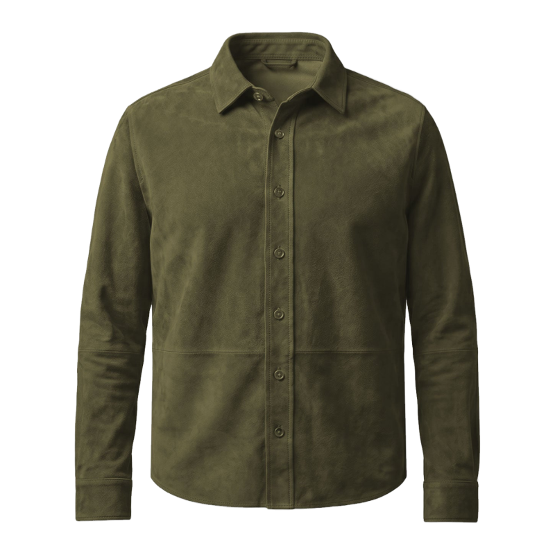 Men's Olive Green Unlined Suede Leather Shirt - View 1