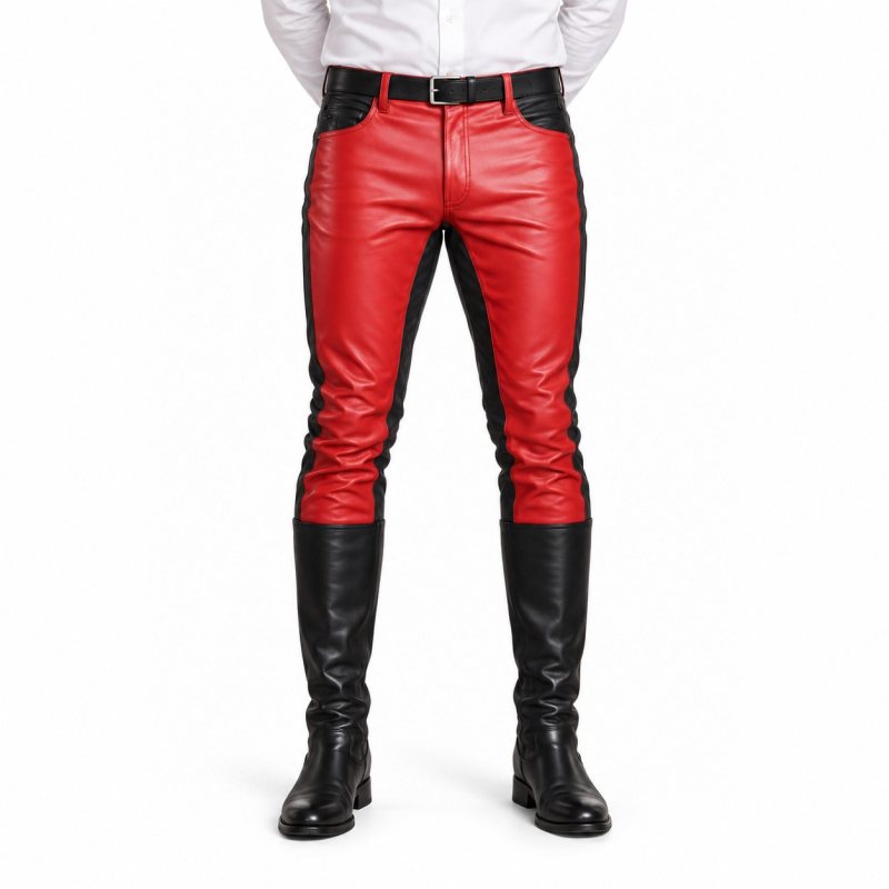 Men's Red and Black Panel Leather Pants - front view