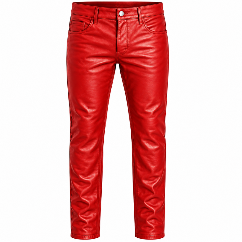 Men's bright red leather trousers with classic five-pocket design and straight-leg fit