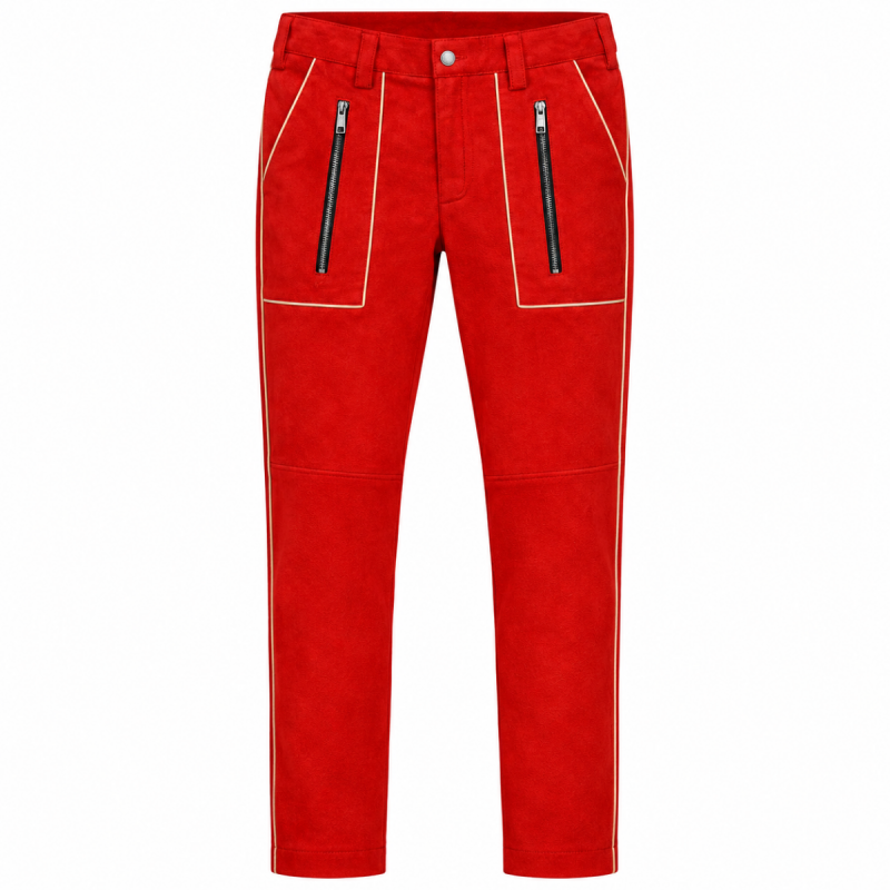 Men's red suede Moto Rally leather pants with cream piping and front zipper pockets