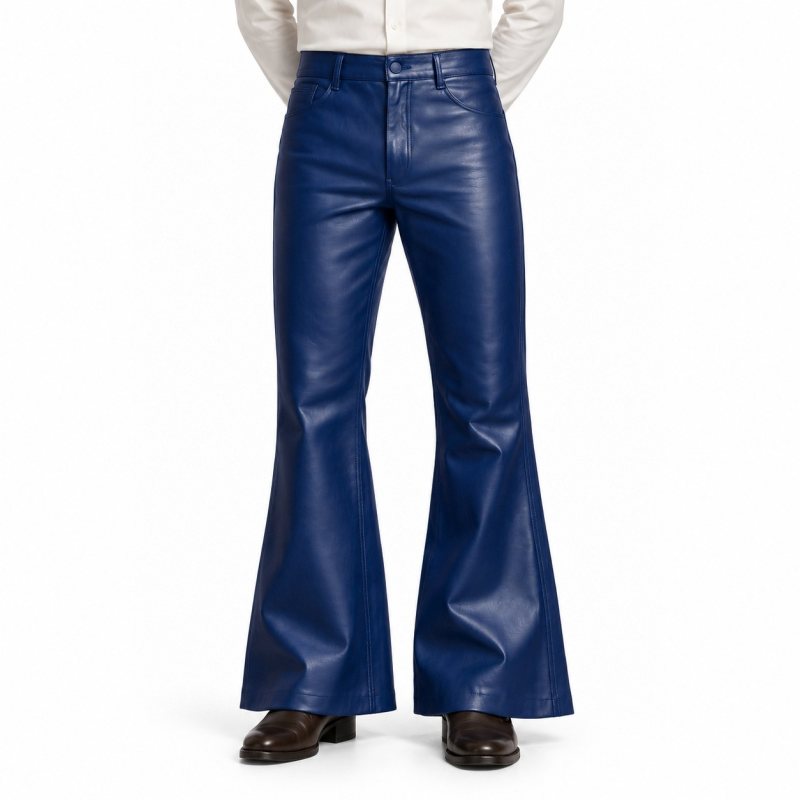 Men's Royal Blue Flared Leather Pants - front view