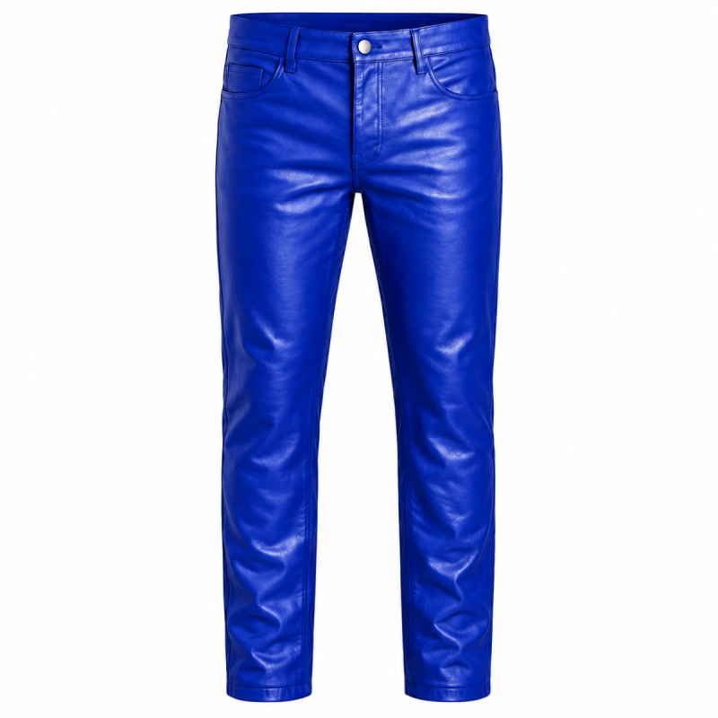 Men's royal blue leather pants with metal button, belt loops and front pockets