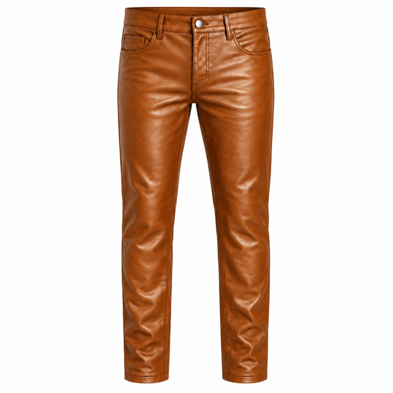 Front view of men's tan brown leather trousers with straight legs and five-pocket design