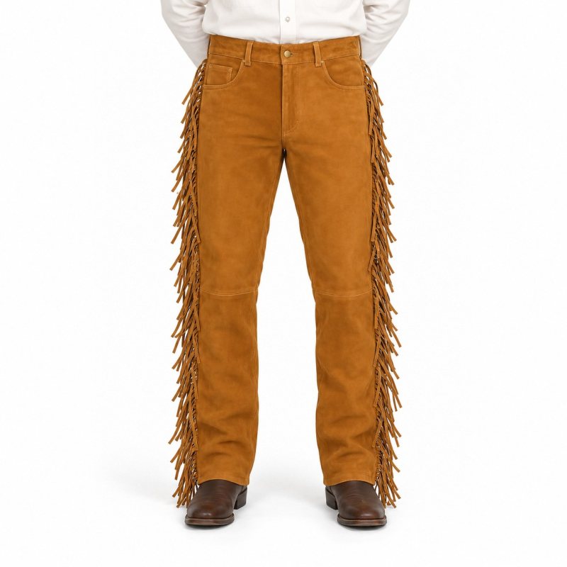 Men's Tan Suede Fringe Leather Pants - front view