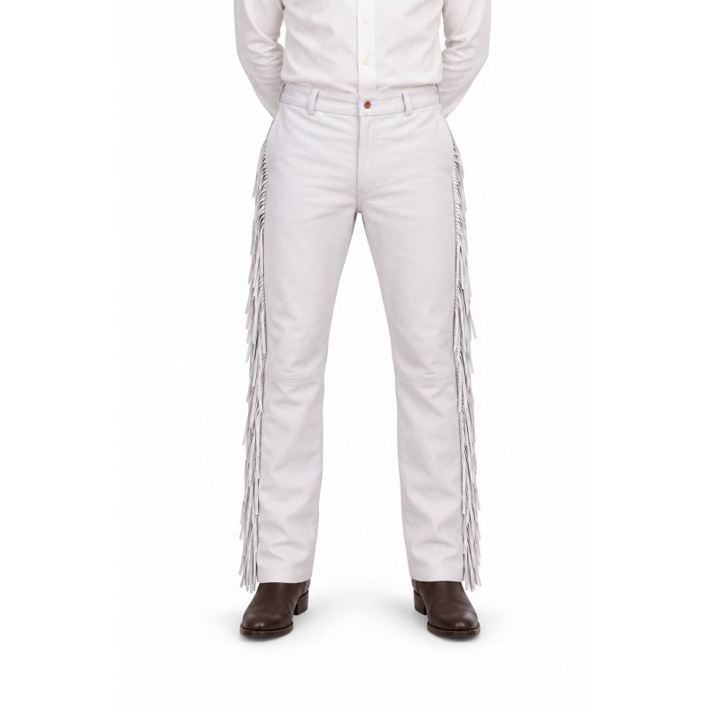 Men's White Fringe Leather Pants - front view