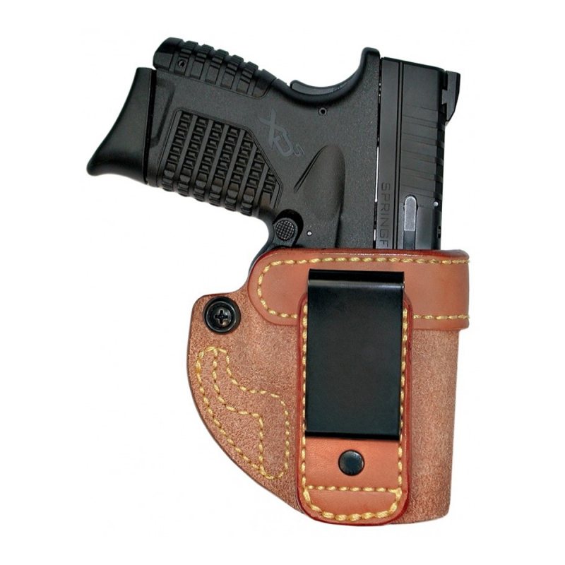 Natural Leather Tuckable IWB Holster With Combat Grip – front view showing reverse J clip, tension screw, and higher ride profile