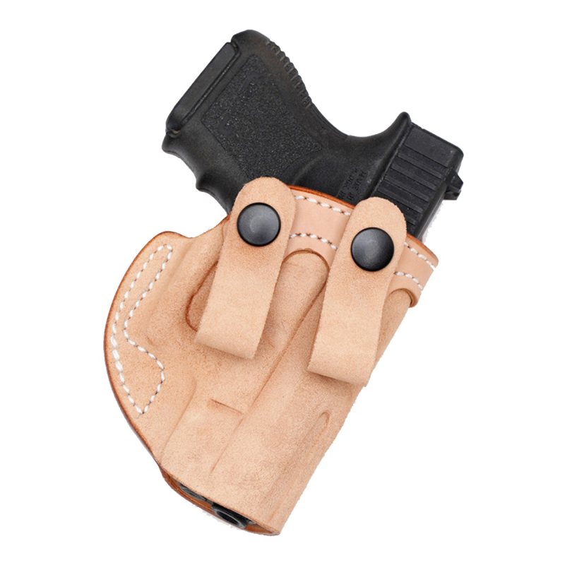 Natural Tan Leather IWB Holster With Dual Straps showing snap belt attachment system