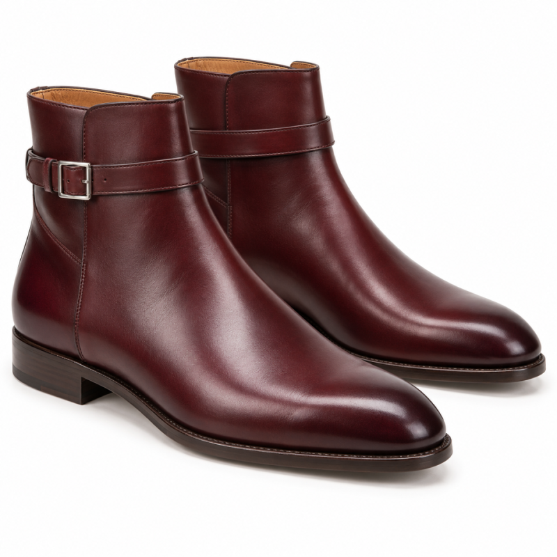 Pair of oxblood leather Jodhpur boots with silver-tone ankle buckles and low brown heels on a white background.