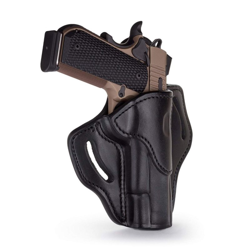 Polished black leather 1911 OWB holster front view showing molded leather body and open top carry design