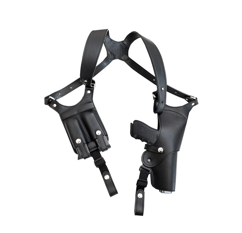 Black Leather Vertical Shoulder Holster – Double Mag Pouch